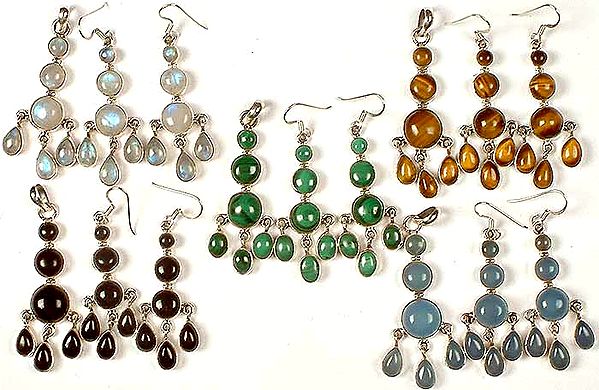 Lot of Five Gemstone Pendant & Earrings Sets<br>(Rainbow Moonstone, Tiger Eye, Malachite, Black Onyx & Blue Chalcedony)
