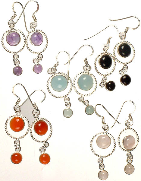 Lot of Five Gemstone Earrings (Amethyst, Black Onyx, Blue Chalcedony, Carnelian and Rose Quartz)