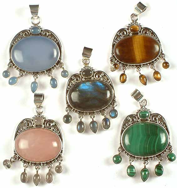 Lot Of Five Gemstone Pendant With Dangles<br>(Blue Chalcedony, Tiger Eye, Labradorite, Rose Quartz & Malachite)