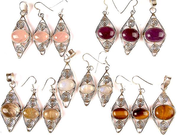 Lot of Five Gemstone Pendant with Matching Earrings Sets (Rose Quartz, Amethyst, Rainbow Moonstone, Golden Rutile & Tiger Eye)