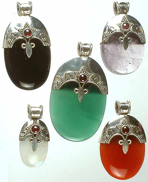 Lot of Five Gemstone Pendants ( Black Onyx, Amethyst, Green Onyx, Rainbow Moonstone and Carnelian)