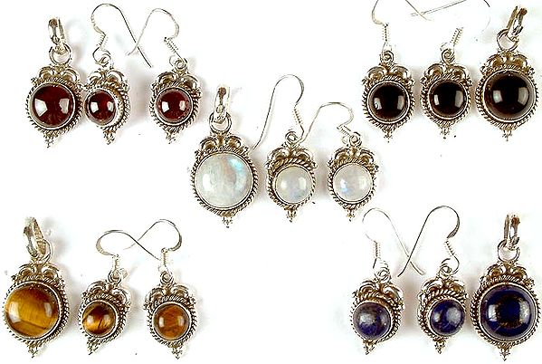 Lot of Five Gemstone Pendants & Earrings Sets (Tiger Eye, Garnet, Black Onyx, Rainbow Moonstone & Lapis Lazuli)