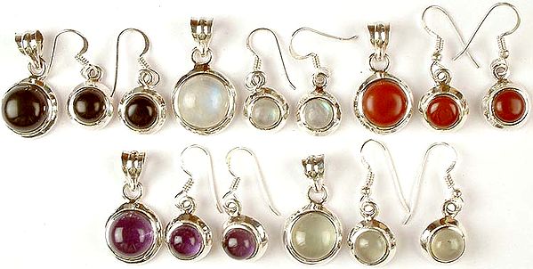 Lot of Five Gemstone Pendants & Earrings Sets<br>(Black Onyx, Rainbow Moonstone, Carnelian, Amethyst & Prehnite)