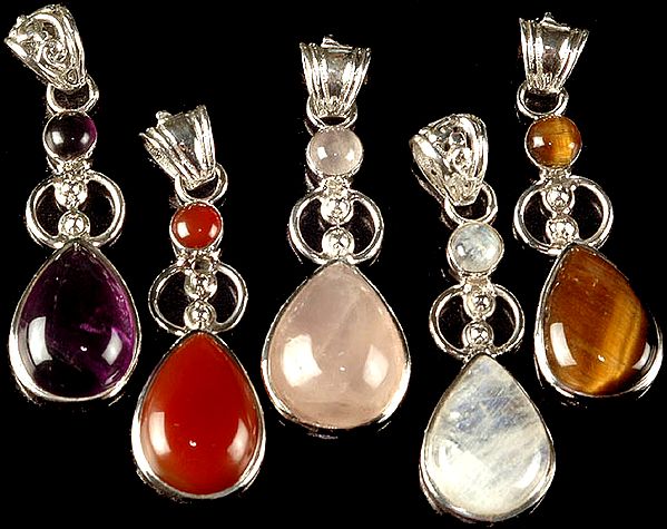 Lot of Five Gemstone Pendants (Amethyst, Carnelian, Rose Quartz, Rainbow Moonstone and Tiger Eye)