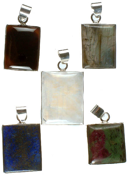 Lot of Five Gemstone Pendants (Black Onyx, Labradorite, Rainbow Moonstone, Lapis Lazuli and Ruby Zoisite)