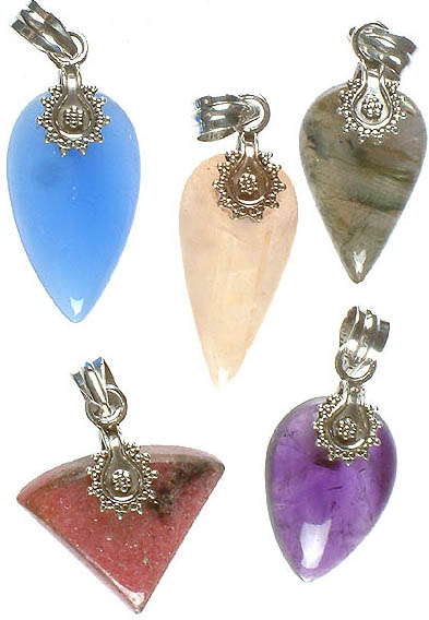 Lot of Five Gemstone Pendants (Blue Chalcedony, Labradorite, Rainbow Moonstone, Rhodonite and Amethyst)