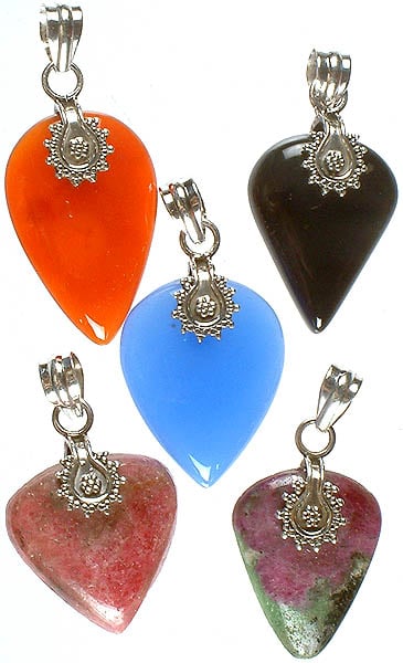 Lot of Five Gemstone Pendants (Carnelian, Black Onyx, Blue Chalcedony, Rhodonite and Ruby Zoisite)