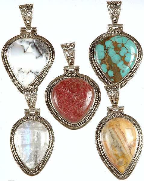 Lot of Five Gemstone Pendants (Dendrite, Turquoise, Ruby Zoisite, Rainbow Moonstone and Agate)