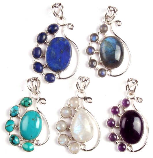 Lot of Five Gemstone Pendants (Lapis Lazuli, Labradorite, Turquoise, Rainbow Moonstone and Amethyst)