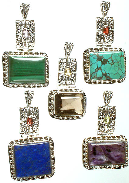Lot of Five Gemstone Pendants (Malachite, Turquoise, Lemon Topaz, Lapis Lazuli and Chaorite)