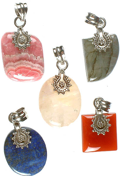 Lot of Five Gemstone Pendants (Rhodochrosite, Labradorite, Rainbow Moonstone, Lapis Lazuli and Carnelian)