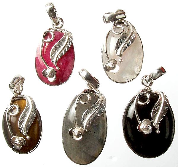 Lot of Five Gemstone Pendants (Ruby, Rainbow Moonstone, Tiger Eye, Labradorite and Black Onyx)