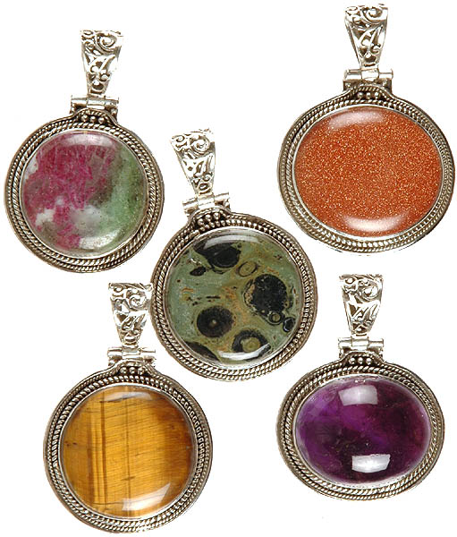 Lot of Five Gemstone Pendants (Ruby Zoisite, Sunstone, Picture Jasper, Tiger Eye and Amethyst)