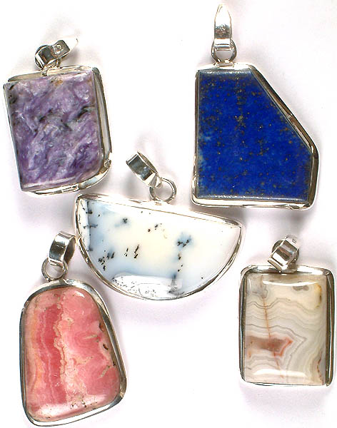 Lot of Five Gemstone Pendants (Sugilite, Lapis Lazuli, Dendrite, Rhodochrosite and Agate)