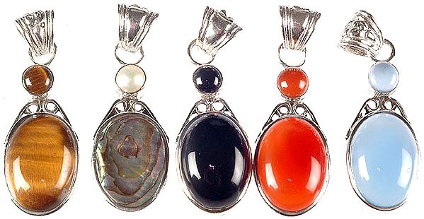 Lot of Five Gemstone Pendants (Tiger Eye, Abalone with Pearl, Black Onyx, Carnelian and Blue Chalcedony)