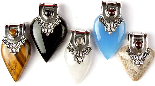 Lot of Five Gemstone Pendants (Tiger Eye, Black Onyx, Rainbow Moonstone, Blue Chalcedony and Agate)
