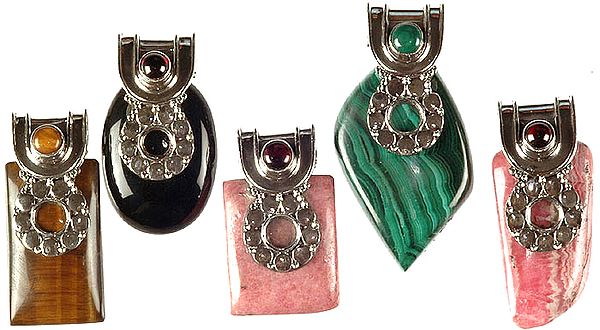 Lot of five Gemstone Pendants (Tiger Eye, Black Onyx, Rhodochrosite, Malachite and Rhodochrosite)