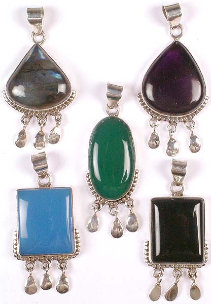Lot of Five Gemstone Pendants with Dangles