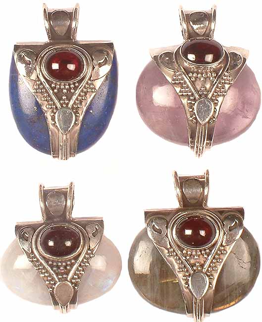 Lot of Five Gemstone Pendants with Garnet (Lapis Lazuli, Amethyst, Rainbow Moonstone & Labradorite)