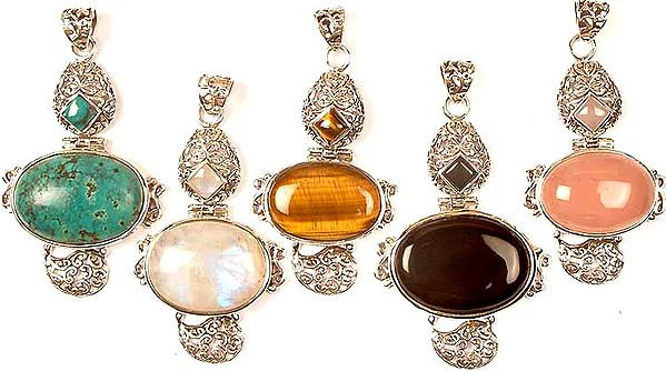 Lot of Five Gemstone Pendants with Lattice<br>(Turquoise, Rainbow Moonstone, Tiger Eye, Black Onyx & Rose Quartz)