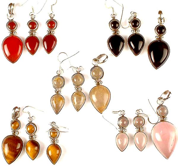 Lot of Five Gemstone Pendants with Matching Earrings Sets (Carnelian, Black Onyx, Golden Rutile, Tiger Eye & Rose Quartz)