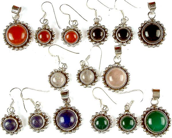 Lot of Five Gemstone Pendants with Matching Earrings (Carnelian, Black Onyx, Rose Quartz, Lapis Lazuli & Malachite)