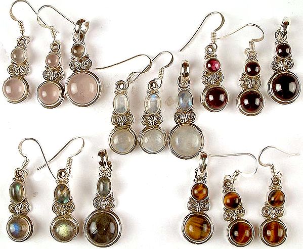 Lot of Five Gemstone Pendants with Matching Earrings (Rose Quartz, Garnet, Rainbow Moonstone, Labradorite & Tiger Eye)