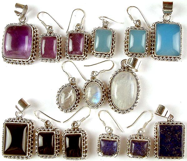 Lot of Five Gemstone Pendants with Matching Earrings Sets<br>(Amethyst, Blue Chalcedony, Rainbow Moonstone, Black Onyx & Lapis Lazuli)