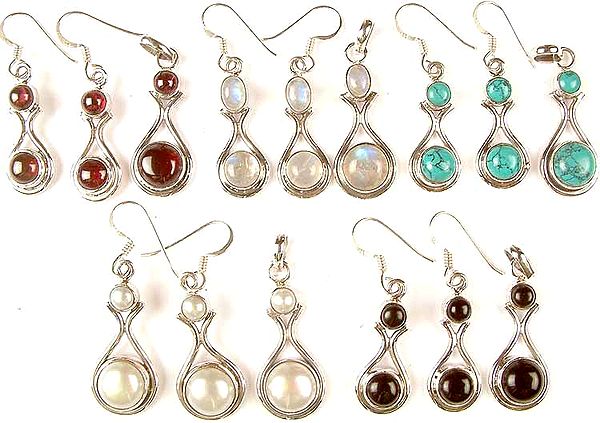 Lot of Five Gemstone Pendants with Matching Earrings<br>(Garnet, Rainbow Moonstone, Turquoise, Pearl & Black Onyx)