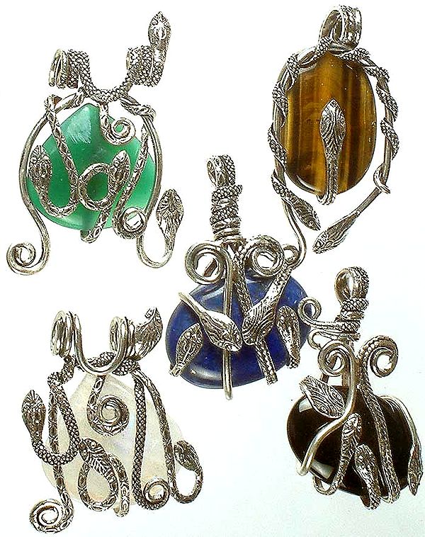 Lot of Five Gemstone Pendants with Serpents (Green Onyx, Tiger Eye, Lapis Lazuli, Rainbow Moonstone and Black Onyx)
