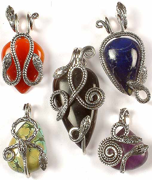 Lot of Five Gemstone Pendants with Serpents<br>(Carnelian, Lapis Lazuli, Black Onyx, Turquoise & Amethyst)