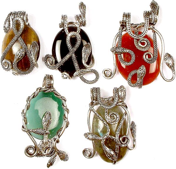 Lot of Five Gemstone Pendants with Serpents<br>(Tiger Eye, Black Onyx, Carnelian, Green Onyx & Labradorite)