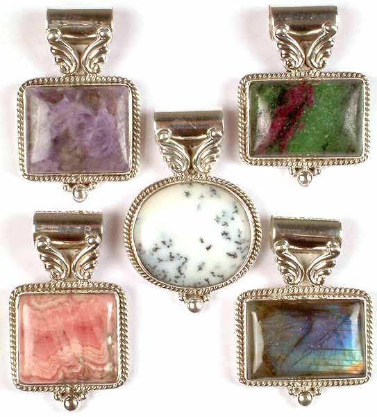 Lot of Five Gemstone Pendants with Wings