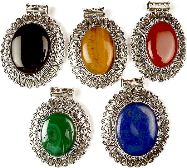 Lot of Five Gemstone Pendants<br>(Black Onyx, Tiger Eye, Carnelian, Malachite & Lapis Lazuli)