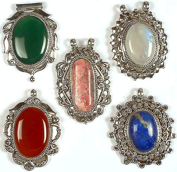 Lot of Five Gemstone Pendants<b>(Green Onyx, Rainbow Moonstone, Rhodochrosite, Carnelian & Lapis Lazuli)