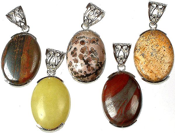 Lot of Five Gemstone Pendants<br>(Iron Tiger Eye, Picture Jasper, Picture Jasper, Canadian Jade and Iron Tiger Eye)
