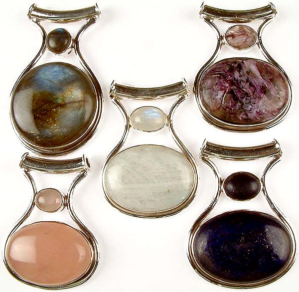 Lot of Five Gemstone Pendants<br>(Labradorite, Chaorite, Rainbow Moonstone, Rose Quartz & Lapis Lazuli)