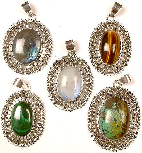 Lot Of Five Gemstone Pendants<br>(Labradorite, Tiger Eye, Rainbow Moonstone, Malachite & Turquoise)