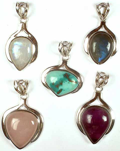 Lot of Five Gemstone Pendants<br>(Rainbow Moonstone, Labradorite, Turquoise, Rose Quartz & Amethyst)