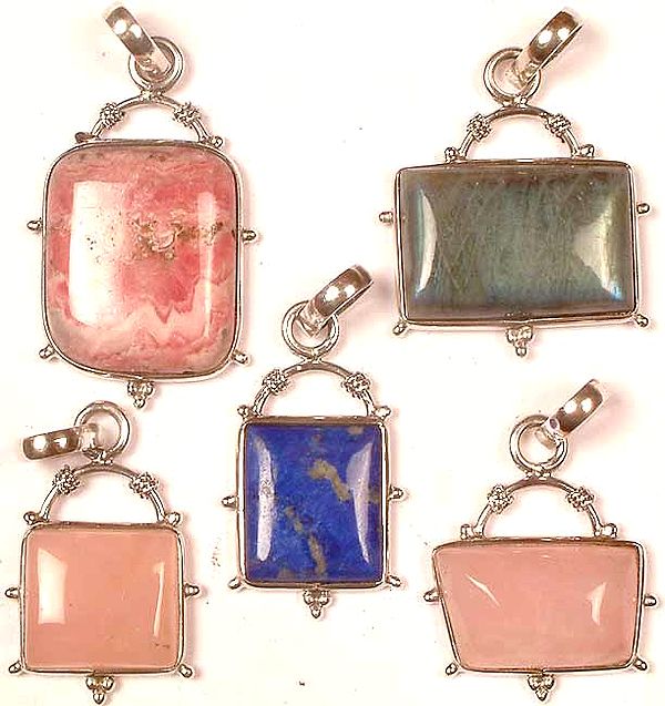 Lot Of Five Gemstone Pendants<br>(Rhodochrosite, Labradorite, Lapis Lazuli, Rose Quartz, and Rose Quartz)