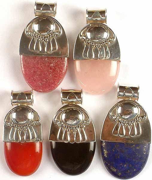 Lot of Five Gemstone Pendants<br>(Rhodonite, Rose Quartz, Carnelian, Black Onyx & Lapis Lazuli)