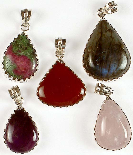 Lot of Five Gemstone Pendants<br>(Ruby Zoisite, Labradorite, Carnelian, Amethyst & Rose Quartz)