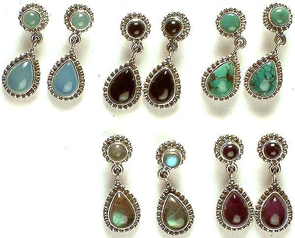 Lot of Five Gemstone Post Earrings  (Blue Chalcedony, Black Onyx, Turquoise, Labradorite, & Amethyst)