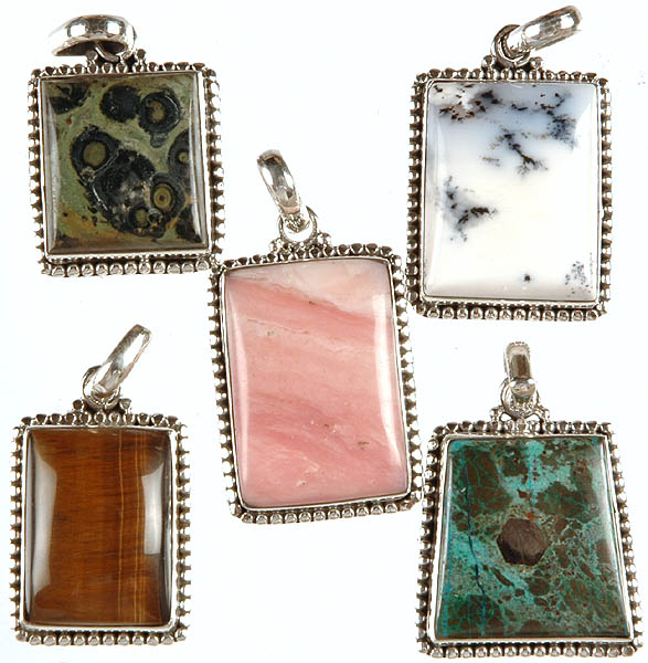 Lot of Five Gemstone Rectangle Pendants (Picture Jasper, Dendrite, Rhodochrosite, Tiger Eye and Azure Malachite)