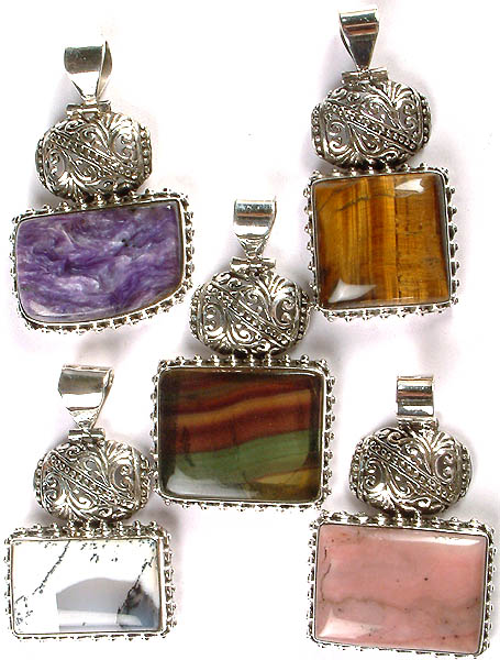 Lot of Five Gemstone Rectangle Pendants with Lattice (Sugilite, Tiger Eye, Fluorite, Dendrite and Pink Opal)