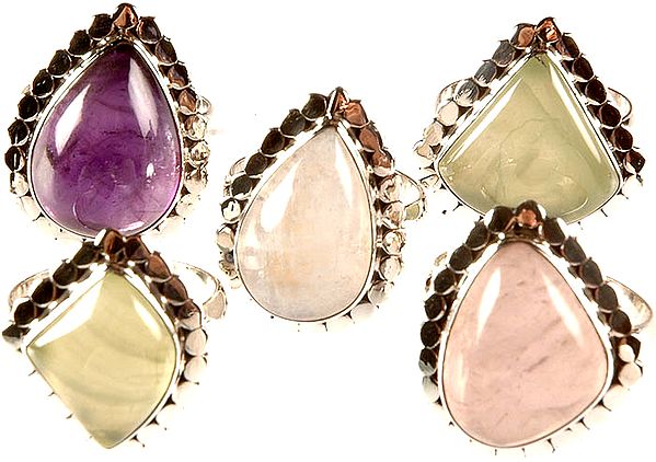 Lot of Five Gemstone Rings (Amethyst, Prehnite, Rainbow Moonstone, Prehnite and Rose Quartz)