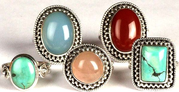 Lot of Five Gemstone Rings (Blue Chalcedony, Carnelian, Turquoise, Rose Quartz and Turquoise)