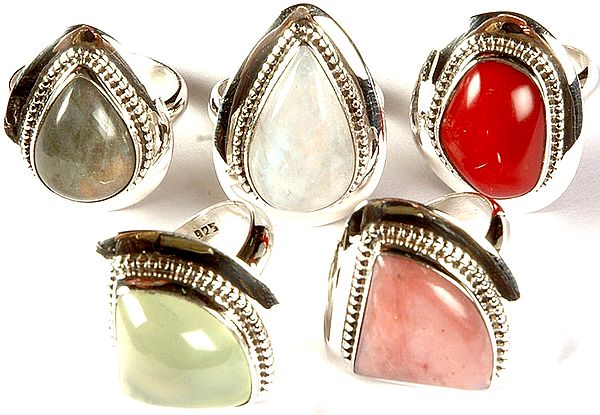 Lot of Five Gemstone Rings (Labradorite, Rainbow Moonstone, Redstone, Prehnite and Pink Opal)
