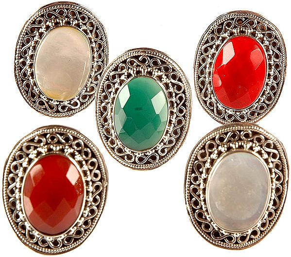 Lot of Five Gemstone Rings (MOP, Redstone, Faceted Green Onyx, Faceted Carnelian and MOP)
