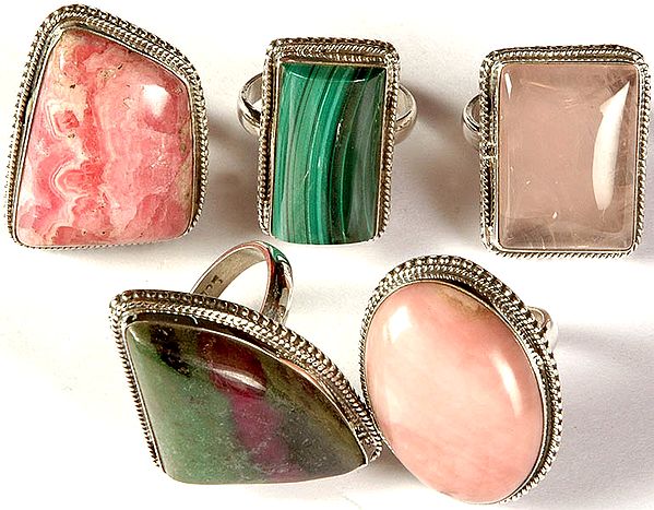 Lot of Five Gemstone Rings (Rhodochrosite, Malachite, Rose Quartz, Ruby Zoisite and Pink Opal)